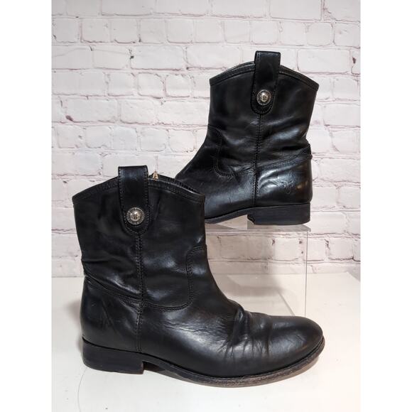 FRYE Black Leather Melissa Button Short Ankle Boots Women's Size 8.5 B - Picture 1 of 13